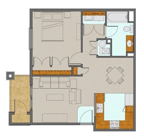 Floor plan for 1 bed, 1 bath, 735 sqft